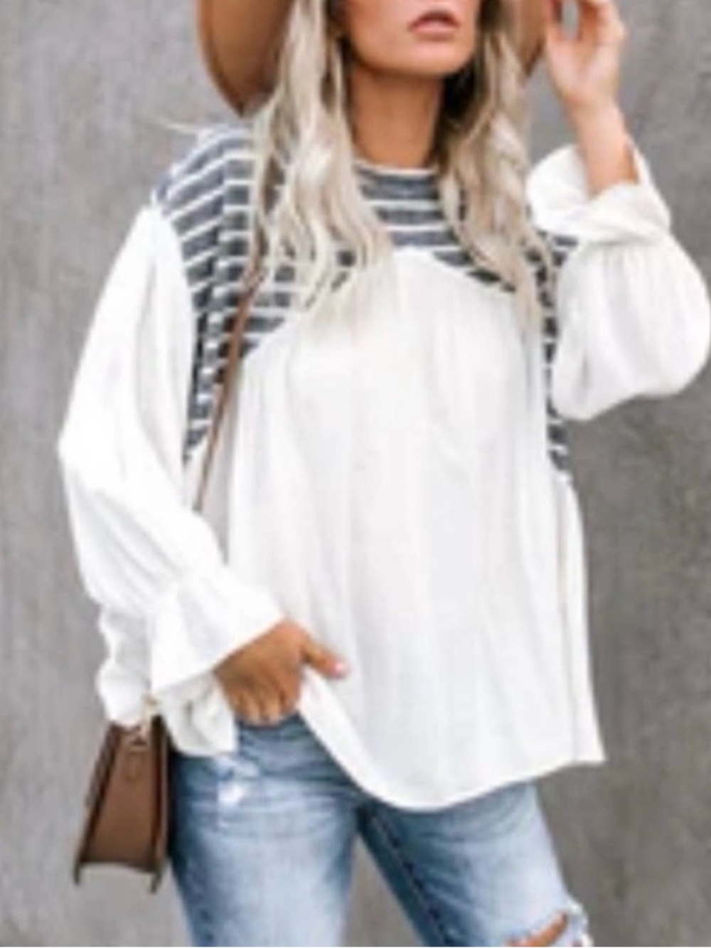 Vici THML Gray & Cream Striped Mixed Media Linen Knit Long Sleeve Tunic Top